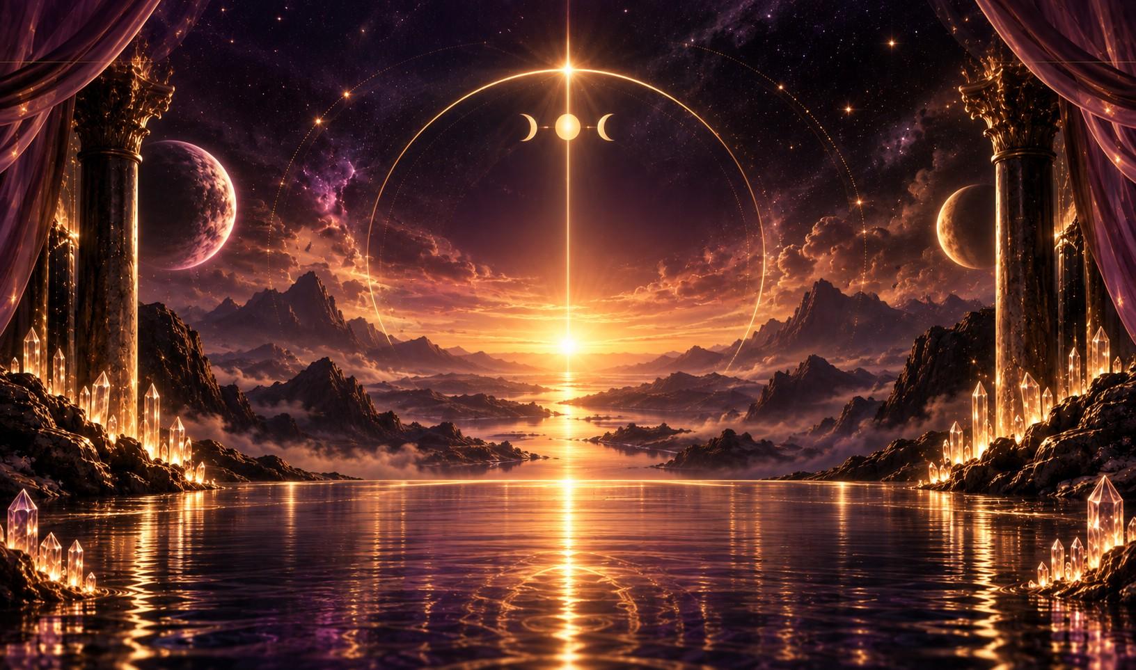 A radiant portal of light between crystal pillars over still water